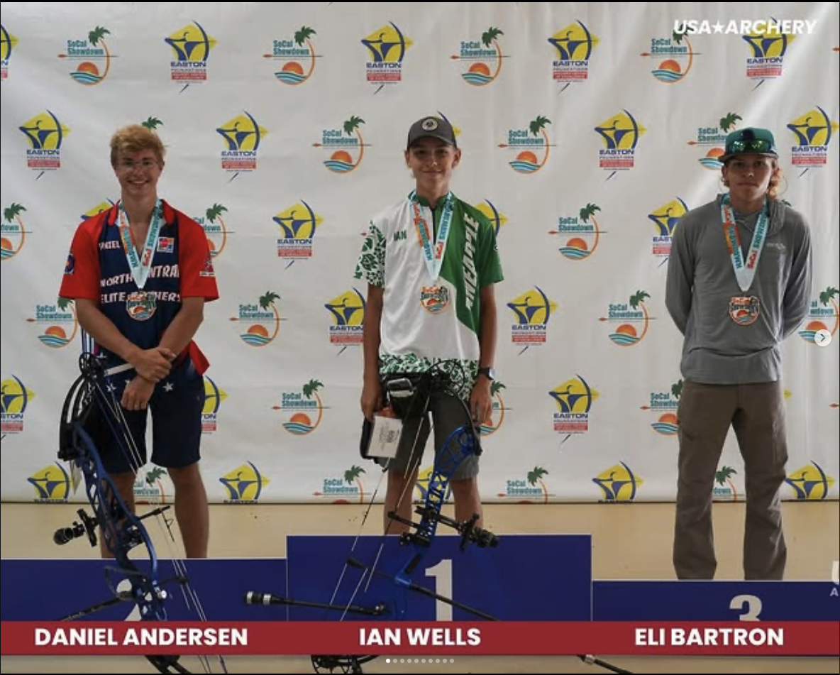 Ian Wells P1 podium at USA Archery USAT #3 SoCal Showdown 2025, between Daniel Andersen (P2) and Eli Bartron (P3)